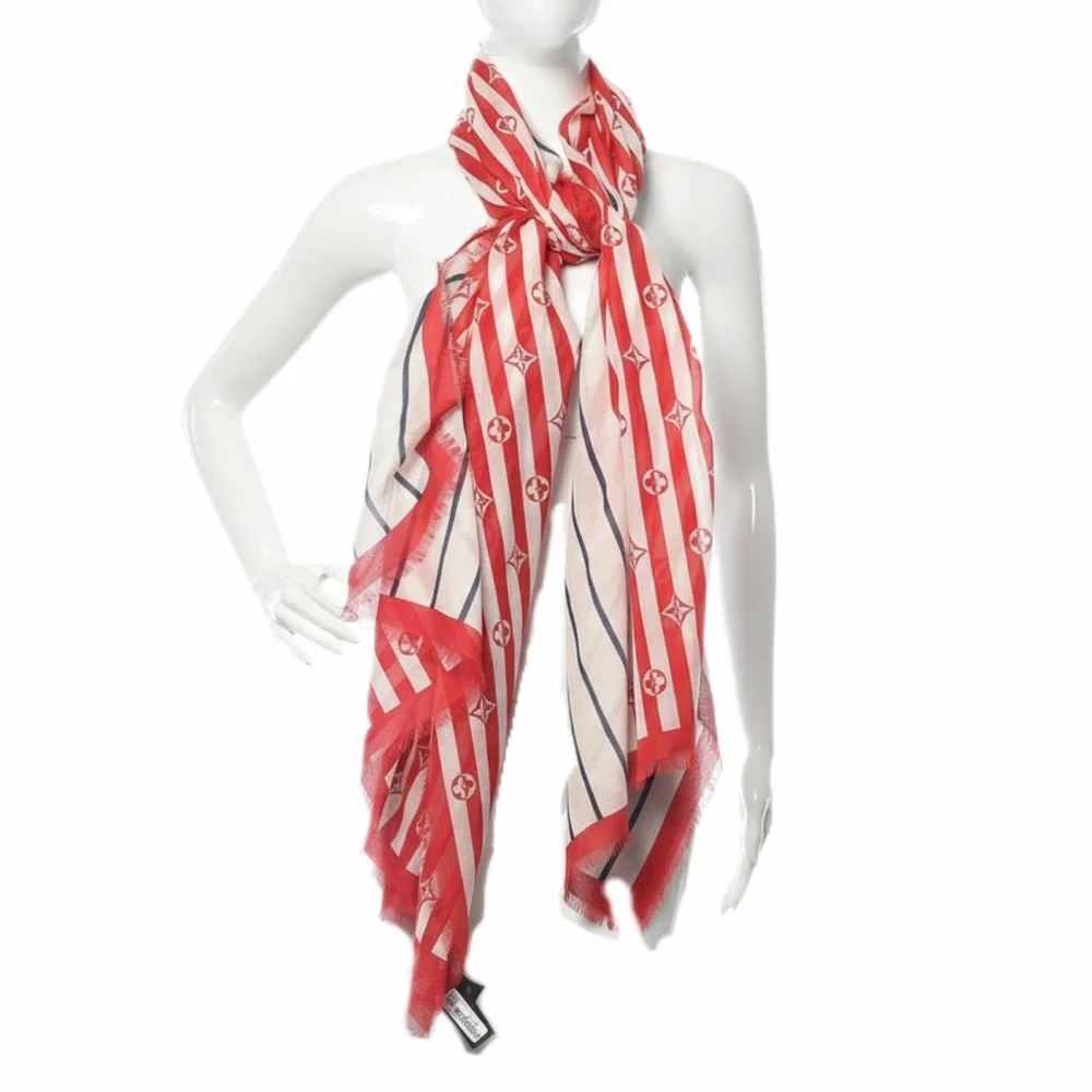 Louis Vuitton Limited Edition Striped Red Blue Monogram Scarf Pareo Shawl M76193